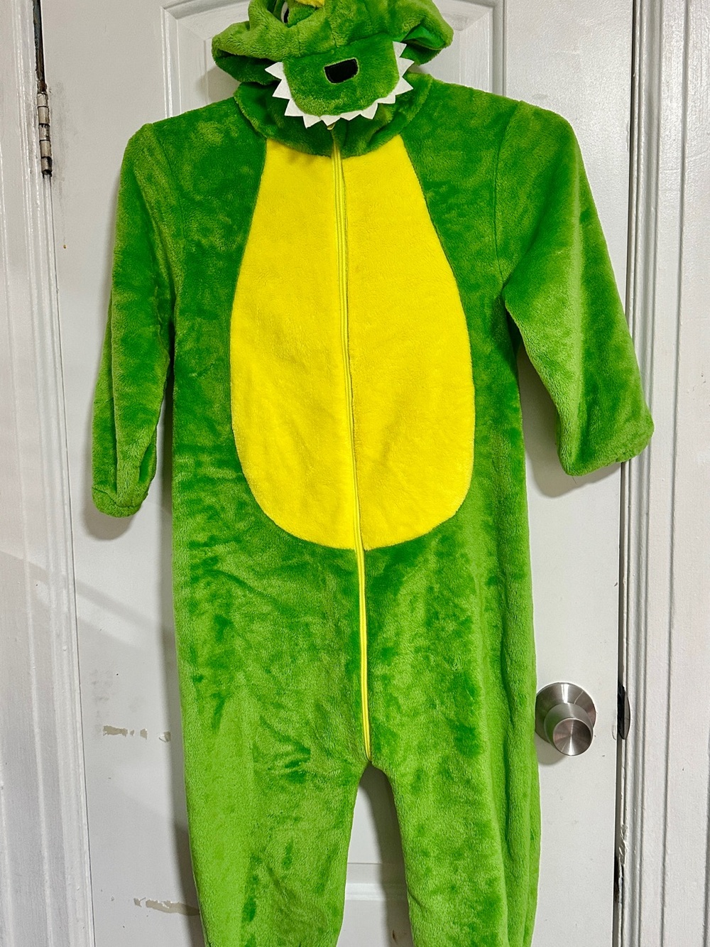 Amazon Green and Yellow Plush Dinosaur Kids Costume Hoodie Jumpsuit
